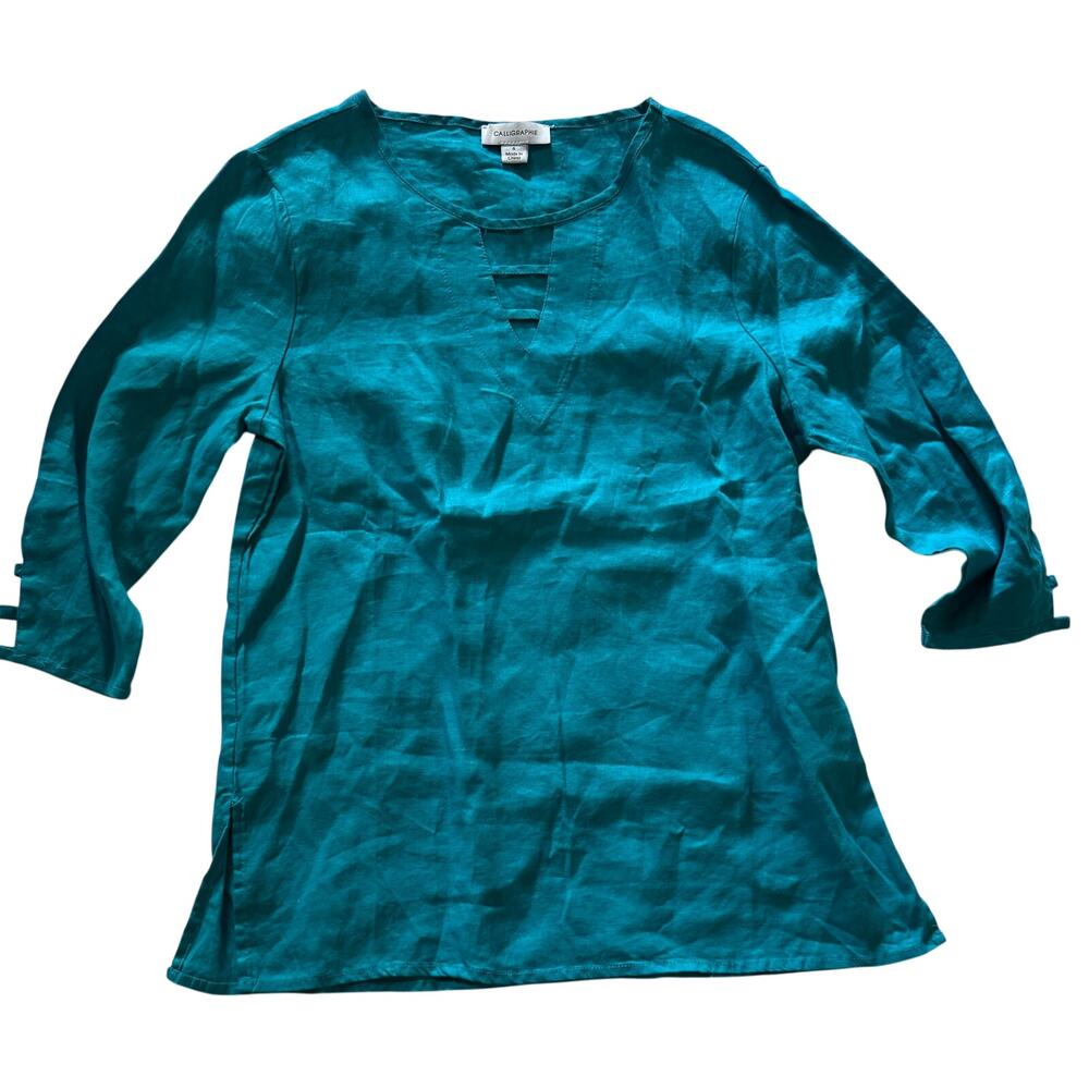 New! Calligraphie Linen Turquoise Tunic Top Lagenlook 3/4 Sleeve Shirt Women S